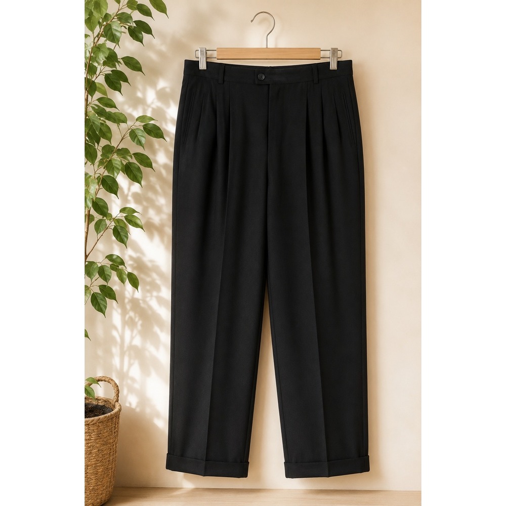 Classic Black High Rise Pleated Dress Pants Cuffed Wide Straight Leg 30x30